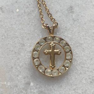 Gold Tone Pendant Cross surrounded by Rhinestone Circle, Spiritual, Religious